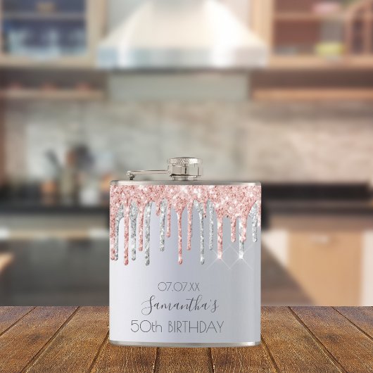 Silberne Glitzer Tropfen Rose Goldfreunde Flachmann