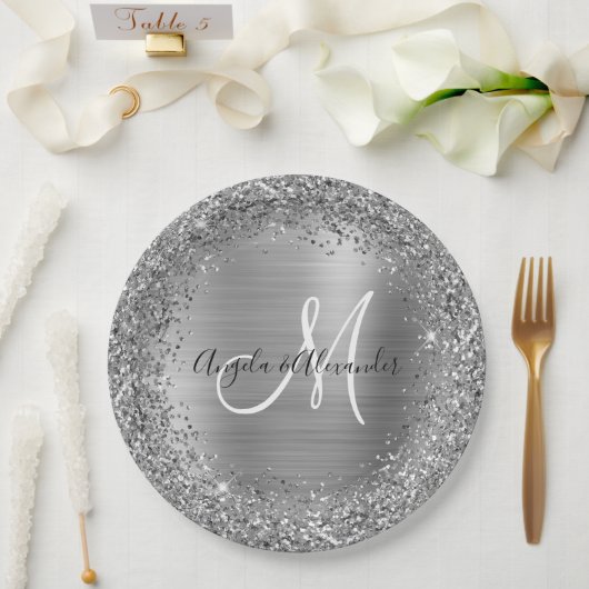Silberne Glitzer- und Foil-Hochzeitsmonogramm Pappteller (Hochzeit)
