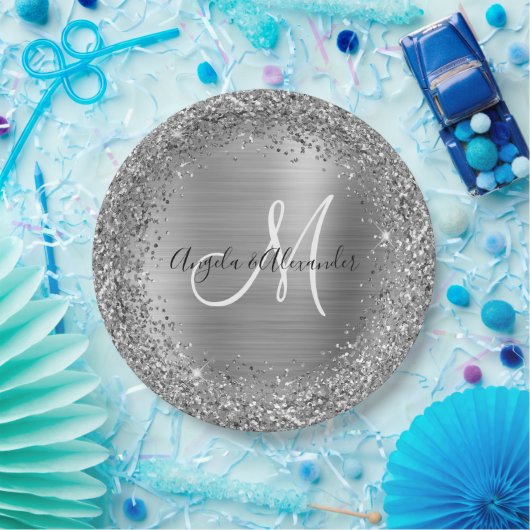 Silberne Glitzer- und Foil-Hochzeitsmonogramm Pappteller (Party)