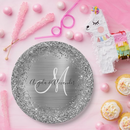 Silberne Glitzer- und Foil-Hochzeitsmonogramm Pappteller (Party)