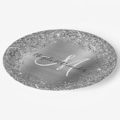 Silberne Glitzer- und Foil-Hochzeitsmonogramm Pappteller (Schrägansicht)