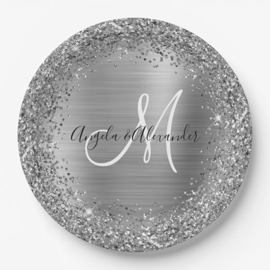 Silberne Glitzer- und Foil-Hochzeitsmonogramm Pappteller (Vorderseite)
