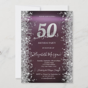 Silberne Glitzerdiamanten Burgund 50. Geburtstag   Einladung