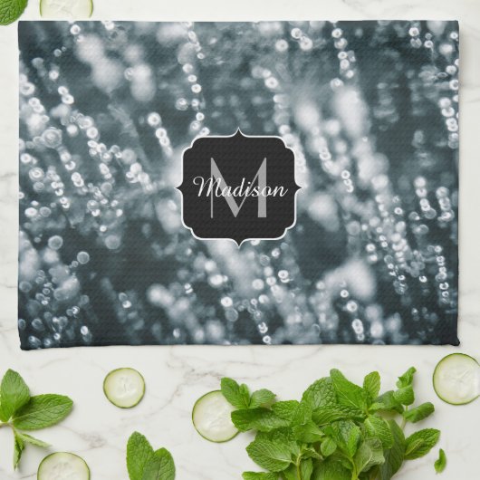 Silberne Glitzern Tiefgefroren Eisblasen Monogramm Geschirrtuch (Gefaltet)