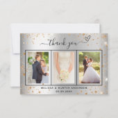 Silberne goldene Herzensschrift des Hochzeitstils Dankeskarte (Vorderseite)