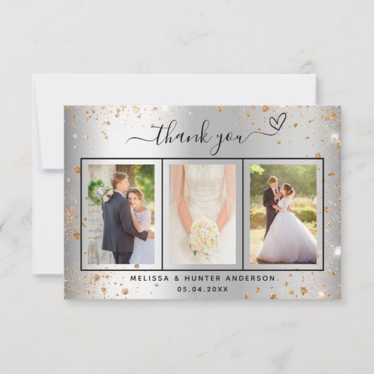 Silberne goldene Herzensschrift des Hochzeitstils Dankeskarte (Vorderseite)