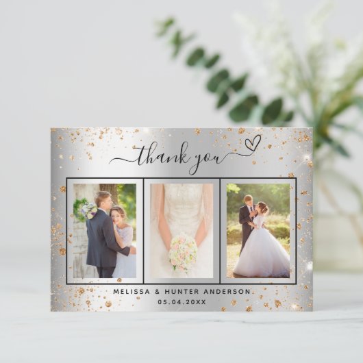 Silberne goldene Herzensschrift des Hochzeitstils Dankeskarte (Stehend Vorderseite)