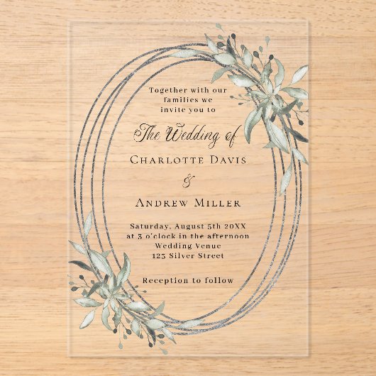 Silberne Grüne klare Hochzeit Acryleinladungen (Vorderseite)