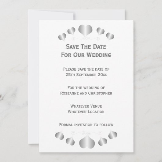 Silberne Herzen Design-Hochzeit Save The Date (Vorderseite)