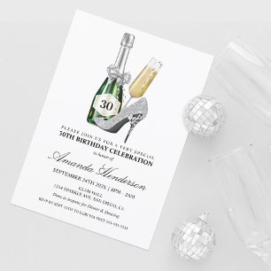 Silberne High Heels und Champagner Damen-Geburtsta Einladung