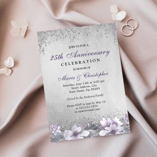 Silberne Hochzeit Purpur Blumen 25. Hochzeitstag Einladung