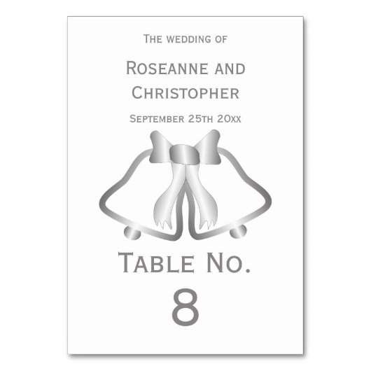 Silberne Hochzeitskartentelefone und Tischnummer (Rückseite)