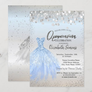 Silberne Konfetti-Punkte, Blaues Kleid Quinceañera Einladung