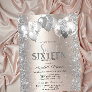 Silberne Konfettiballoons Champagner Sweet 16 Einladung