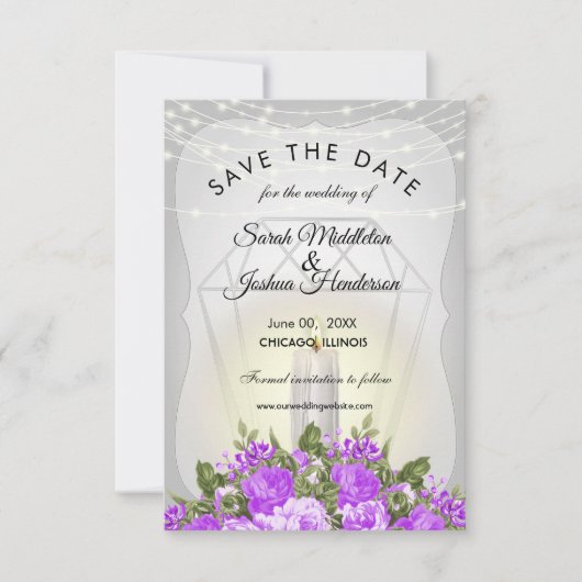 Silberne Laterne und Lila Blüten Einladung (Vorderseite)