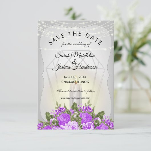 Silberne Laterne und Lila Blüten Einladung (Stehend Vorderseite)