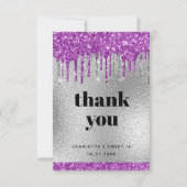 Silberne lila Glitzer Tropfen Dankeskarte (Vorderseite)