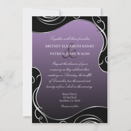 Silberne Lila Pfauenfedern Hochzeitsfeiern Einladung (Rückseite)