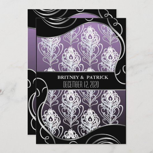 Silberne Lila Pfauenfedern Hochzeitsfeiern Einladung (Vorne/Hinten)