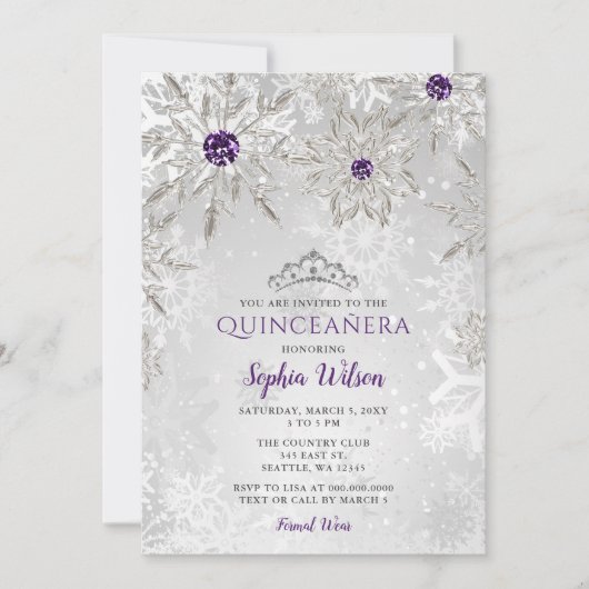 Silberne Lila Schneeflocken Tiara Quinceañera Einladung (Vorderseite)
