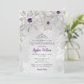 Silberne Lila Schneeflocken Tiara Quinceañera Einladung (Stehend Vorderseite)