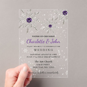 Silberne Lila Schneeflocken Winterhochzeit Acryleinladungen