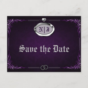Silberne Lila Vintage Gothic Hochzeit Termin vorme Ankündigungspostkarte