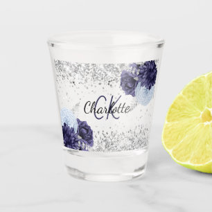 Silberne marineblaue Floralien elegantes Monogramm Schnapsglas