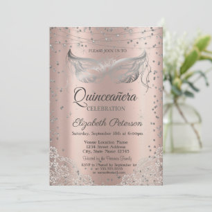 Silberne Maskerade, Spitze Rose Gold Quinceañera Einladung