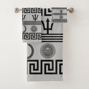 Silberne Medusa, Griechischer Schlüssel Grau Badhandtuch Set