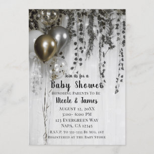Silberne Metallballons für Baby Shower mit Efeu-Mo Einladung