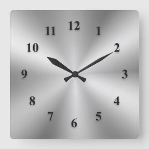 Silberne Metalluhr mit schwarzen Zahlen Quadratische Wanduhr