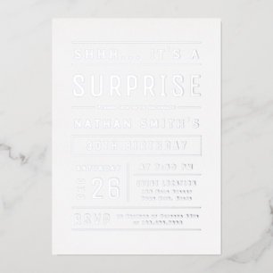 Silberne moderne einfache Typografie Überraschungs Folieneinladung