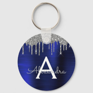 Silberne Navy Blau Glitter Edelstahl Monogramm Schlüsselanhänger