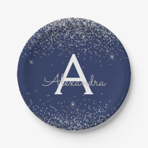 Silberne Navy Blau Glitter Funkeln Monogramm Gebur Pappteller