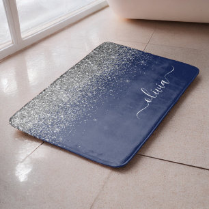 Silberne Navy Blau Glitter Girly Monogramm Name Badematte