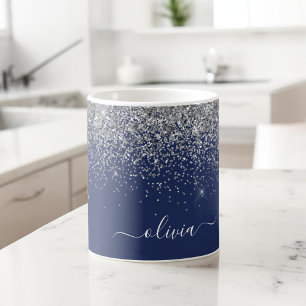 Silberne Navy Blau Glitter Girly Monogramm Name Kaffeetasse