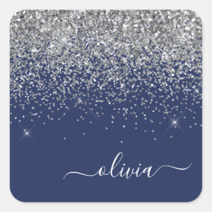 Silberne Navy Blau Glitter Girly Monogramm Name Quadratischer Aufkleber