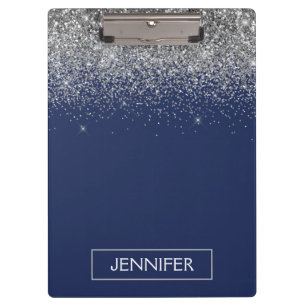Silberne Navy Blau Glitzer Girly Monogramm Name Klemmbrett