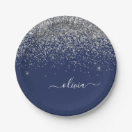 Silberne Navy Blau Glitzer Girly Monogramm Name Pappteller