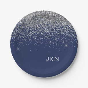 Silberne Navy Blau Mädchen Glitter Glanz Monogramm Pappteller