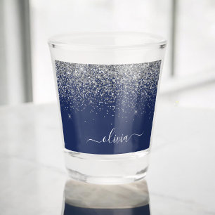 Silberne Navy Blau Mädchen Glitter Glanz Monogramm Schnapsglas