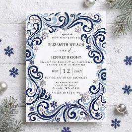 Silberne Navy-Schneeflocken Winterhochzeit Einladung