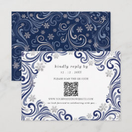 Silberne Navy-Schneeflocken Winterhochzeit QR-Code RSVP Karte