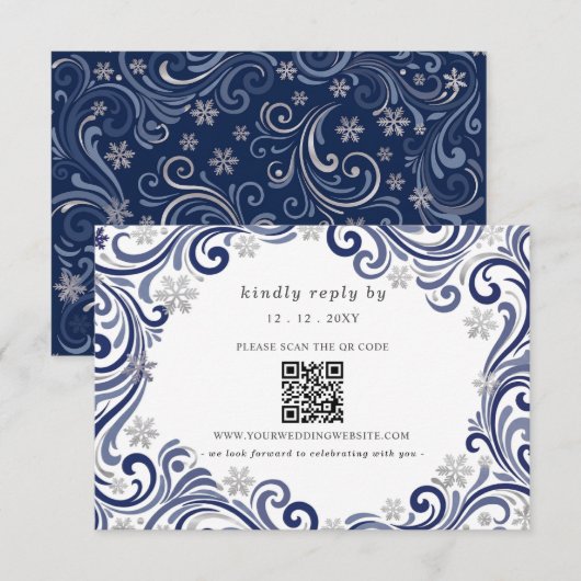 Silberne Navy-Schneeflocken Winterhochzeit QR-Code RSVP Karte (Vorne/Hinten)