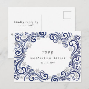 Silberne Navy-Schneeflocken Winterhochzeit RSVP Postkarte