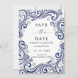 Silberne Navy-Schneeflocken Winterhochzeitsfoto Save The Date