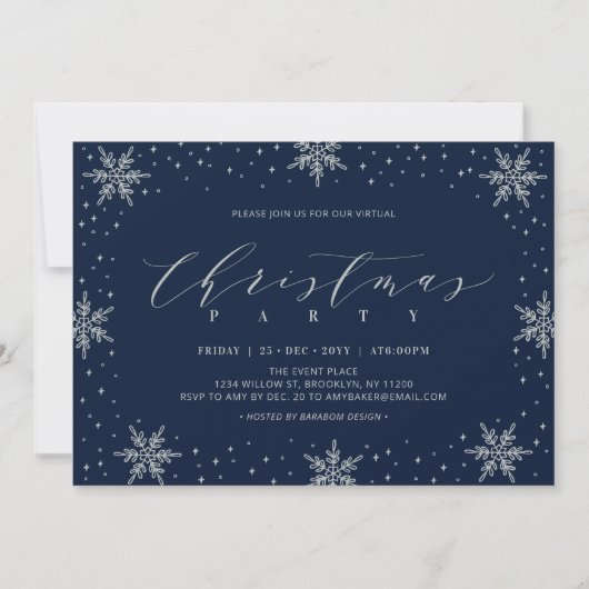 Silberne & Navy-Weihnachts-Virtual-Party Einladung (Vorderseite)