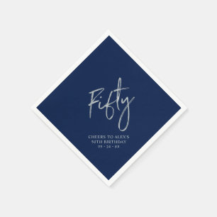 Silberne & Navyblaue Fifty 50. Geburtstagsfeier Serviette