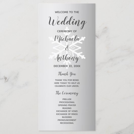 Silberne Ombre-Schneeflocken-Winterhochzeit Programm (Vorderseite)